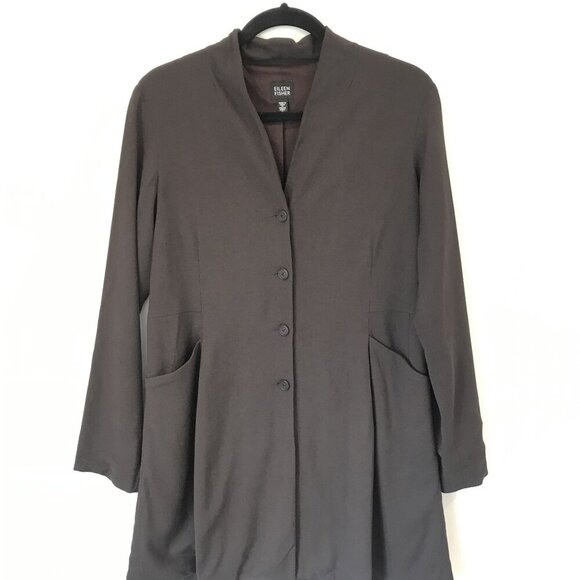 Eileen Fisher Size S Brown Italian Fabric Wool Button-Front Long Blazer Jacket - Picture 7 of 10